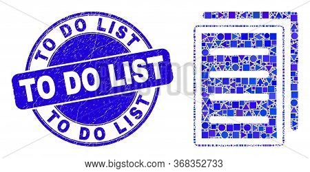 Geometric List Page Mosaic Icon And To Do List Seal Stamp. Blue Vector Rounded Scratched Seal Stamp 