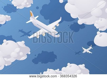 Isometric Passenger Airplane Flying In The Sky Full Of Clouds Above The Blue Sea. Vector Concept Ill
