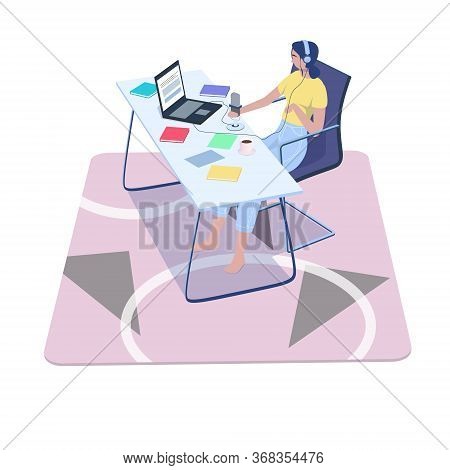 Young Girl With Headset Listening   Live Stream . Woman Holding Microphone And Recoding  Podcast, Br