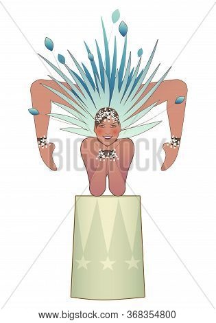 Beautiful Young Contortionist Dressed In A Feather Headdress, Balancing On A Stand, Isolated On Whit
