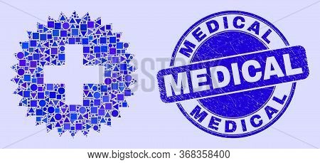 Geometric Medical Cross Mosaic Icon And Medical Seal. Blue Vector Round Distress Seal With Medical M