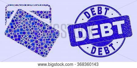 Geometric Dollar Bank Cards Mosaic Icon And Debt Stamp. Blue Vector Round Distress Seal Stamp With D