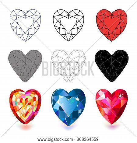 Heart Cut Gemstone Motif Pattern Shape Set On White Background, Vector Illustration