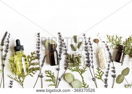Homeopathy Eco Alternative Medicine Concept - Classical Homeopathy Pills, Thuja, Eucalyptus, Lavende