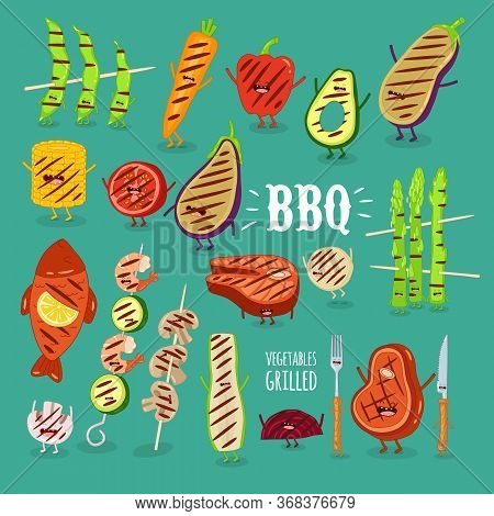 Barbecue Vegetbles Fish Funny Set. Vector Illustration.