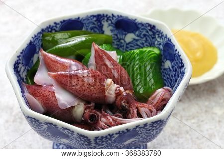boiled firefly squid with vinegar miso, japanese cuisine