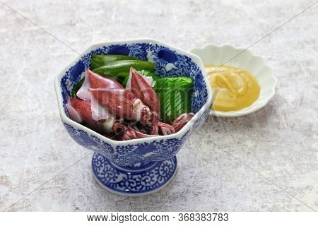 boiled firefly squid with vinegar miso, japanese cuisine