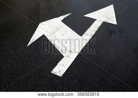 Road Marking Lines. Go Straight And Turn Arrows On The Asphalt Surface.