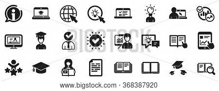 Laptop, Book And Video Tutorial Icons. Education Icons. Graduation Cap, Instructions And Presentatio