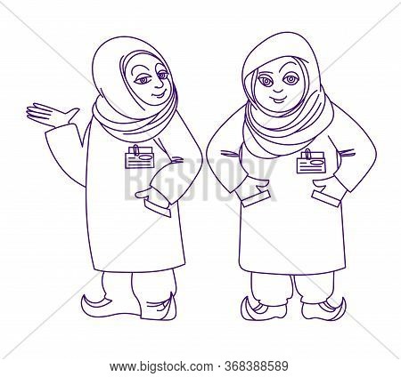 Funny Nurses Or Doctors, Cute Muslim Arab Females In Hijab, Medical Workers, Color Vector Illustrati