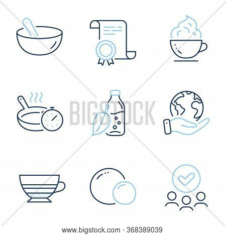 Coffee Cup, Cooking Mix And Frying Pan Line Icons Set. Diploma Certificate, Save Planet, Group Of Pe
