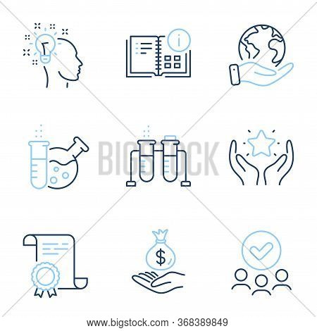 Instruction Info, Chemistry Lab And Income Money Line Icons Set. Diploma Certificate, Save Planet, G