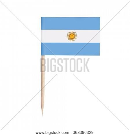 Miniature paper flag Argentina. Isolated Argentinian toothpick flag stick on white background.
