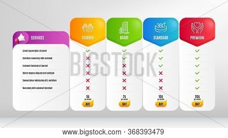 Hold Heart, Buildings And 360 Degrees Line Icons Set. Pricing Table, Price List. Medical Tablet Sign