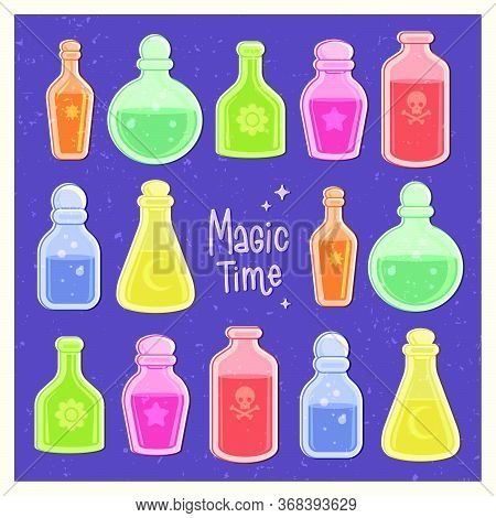 A Set Of Colored Potion Bottles For The Witch. Halloween Holiday Poster In Vintage Style. Flat Vecto