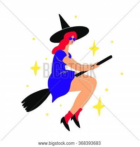A Young Witch In A Hat And Dress Soars Flying On A Broomstick Across The Sky With Stars. Flat Bright
