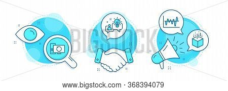 Idea, Stock Analysis And Recovery Computer Line Icons Set. Handshake Deal, Research And Promotion Co