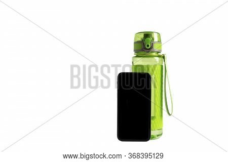 One Bright Green Fitness Sport Bottle Or Flask With Dispenser And Water And Smartphone Mockup On Iso