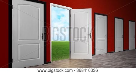 One Open Door Among Closed Ones In Room. Concept Of Choice