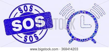 Geometric Alarm Clock Mosaic Pictogram And Sos Seal. Blue Vector Rounded Distress Seal Stamp With So