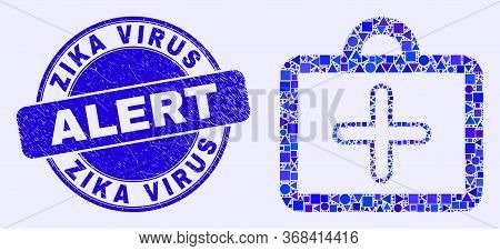 Geometric First-aid Case Mosaic Icon And Zika Virus Alert Seal. Blue Vector Round Distress Seal Stam