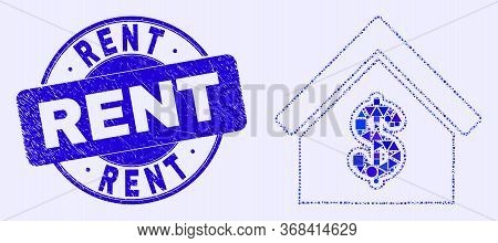 Geometric Rent House Mosaic Icon And Rent Watermark. Blue Vector Round Scratched Watermark With Rent