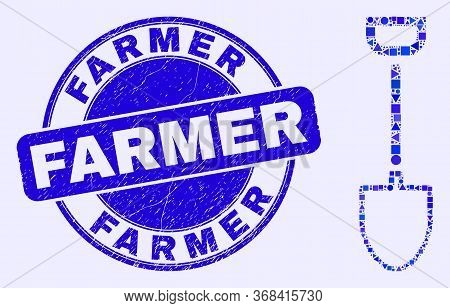 Geometric Shovel Mosaic Icon And Farmer Stamp. Blue Vector Round Scratched Stamp With Farmer Caption