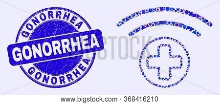 Geometric Medical Source Mosaic Icon And Gonorrhea Seal Stamp. Blue Vector Rounded Grunge Seal Stamp