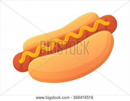 Tasty Bright Hot Dog Symbol. Grilled Sausage On Bun With Mustard. Fast Food Concept. Can Be Used For