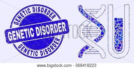 Geometric Dna Testtube Mosaic Pictogram And Genetic Disorder Seal Stamp. Blue Vector Round Grunge Se