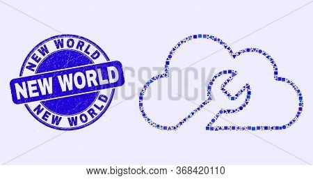 Geometric Cloud Wrench Mosaic Icon And New World Seal. Blue Vector Round Grunge Seal With New World 