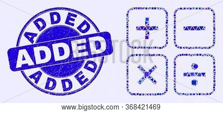 Geometric Calculator Mosaic Icon And Added Seal Stamp. Blue Vector Round Textured Seal Stamp With Ad
