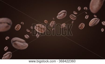 Flying Whirl Roasted Coffee Beans In The Air Studio Shot On Brown Background Long Banner With Copysp