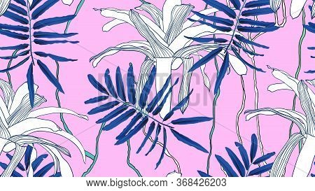 Botanical Seamless Pattern, Blue Leaves, Bromeliaceae Plant And Vines On Pink Background, Blue And P