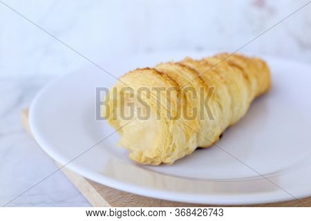 Horn Pastry Cake With Vla Or Vanilla Custard Filling. Homemade Cumcum Cake Filled With Cream