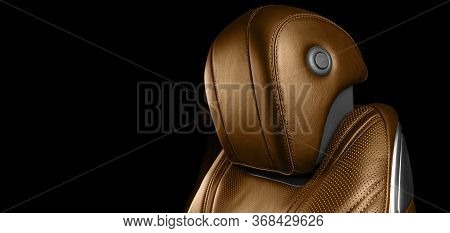 Brown Leather Interior Of The Luxury Modern Car. Perforated Brown Leather Comfortable Seats With Sti