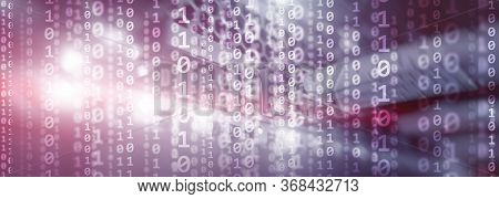 Digital Binare Code On Data Center Background. Technology Panoramic Wallpaper For Your Business.