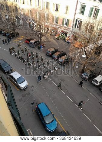 Brescia, Italy - December 23 2017: The View Parade On San Faustino Street On December 23 2017 In Bre