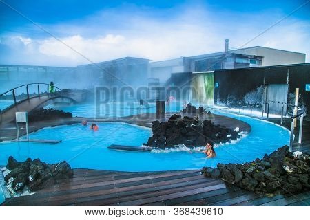 Grindavik, Iceland-Feb 24,2020: Aerial view of The Blue Lagoon, a geothermal bath resort and one of the most visited places in the south of Iceland. Grindavik, Iceland.