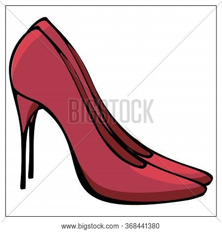 Vector Illustration With A Red Womens High Heeled Shoes. For Web, Logo, Icon, App, Ui. Cartoon Fashi