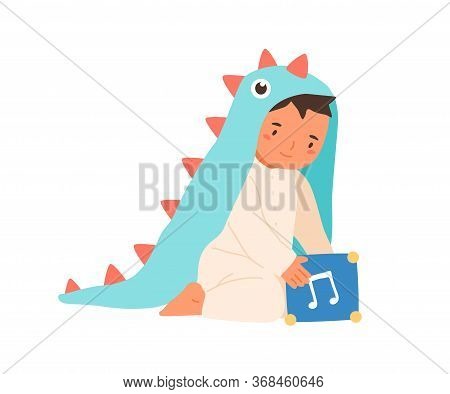 Cute Little Boy Wearing Dinosaur Costume Playing With Music Box Vector Flat Illustration. Adorable T