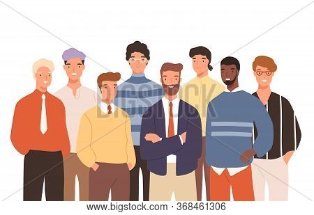 Portrait Of Diverse Smiling Business Man Vector Flat Illustration. Group Of Casual Funny Guy Colleag