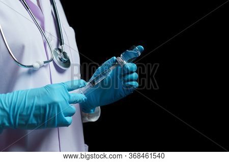 Doctor Hand Holding Coronavirus Vaccine Shot For Diseases Outbreak Vaccination, Medicine And Drug Co