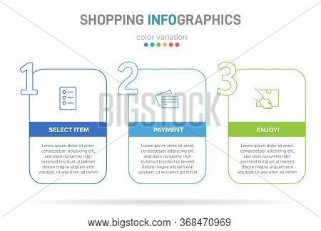 Concept Of Shopping Process With 3 Successive Steps. Three Colorful Graphic Elements. Timeline Desig