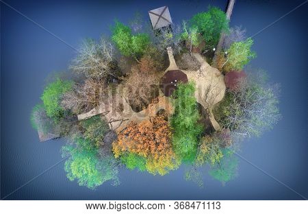 Morning Landscape, Wooden Hunting Lodge, On A Small Man-made Island.