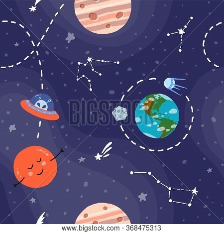 Galaxy Seamless Pattern Design. Alien Spaceship Travel. Bright Childish Tile. Cute Design For Kids F