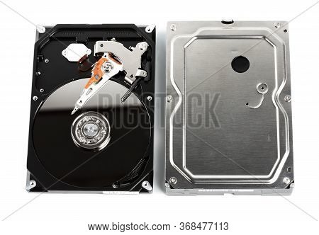 Hard drive isolated on white background. HDD. Major components of a 3.5-inch SATA hard disk drive: p