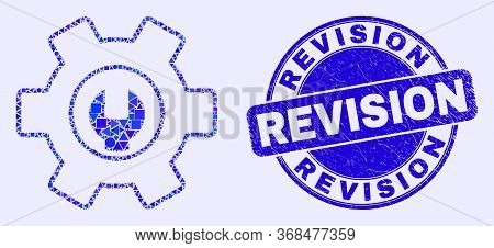 Geometric Repair Options Mosaic Pictogram And Revision Seal. Blue Vector Round Grunge Seal Stamp Wit