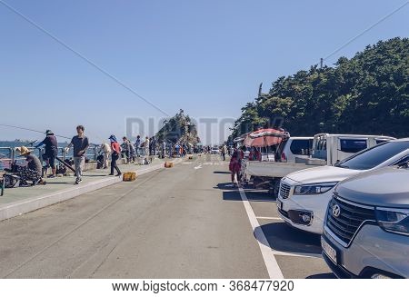 Busan, South Korea, September 14, 2019: Mass Fishing Avocation Of Korean People In Amnam Park On Sun