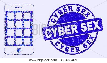 Geometric Mobile Phone Mosaic Icon And Cyber Sex Seal Stamp. Blue Vector Rounded Grunge Seal Stamp W